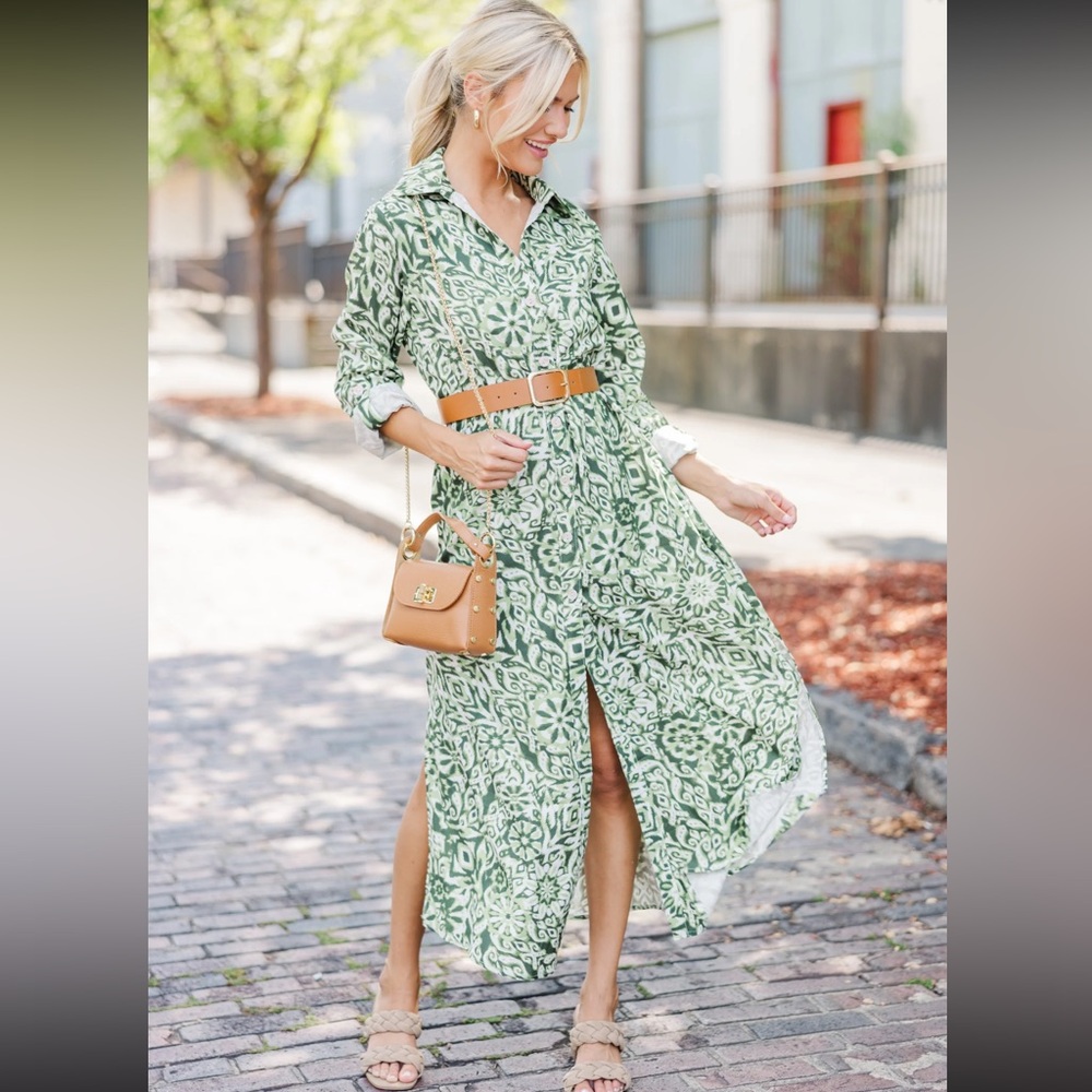 Green Patterned Midi Shirt Dress
